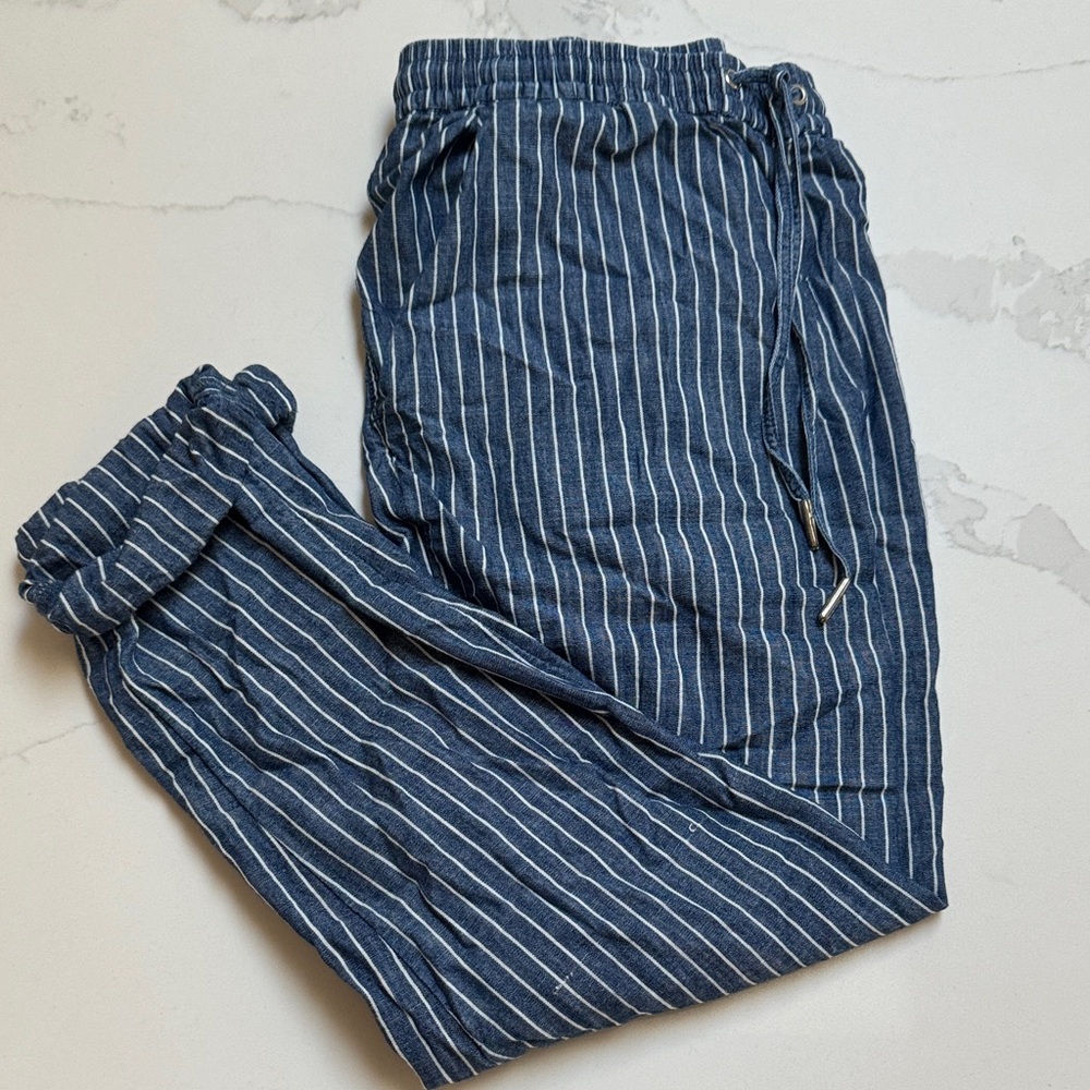 Blue Striped Relaxed 100% Cotton Capri Pants